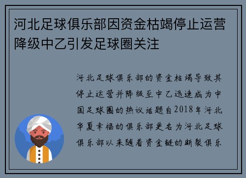 河北足球俱乐部因资金枯竭停止运营降级中乙引发足球圈关注